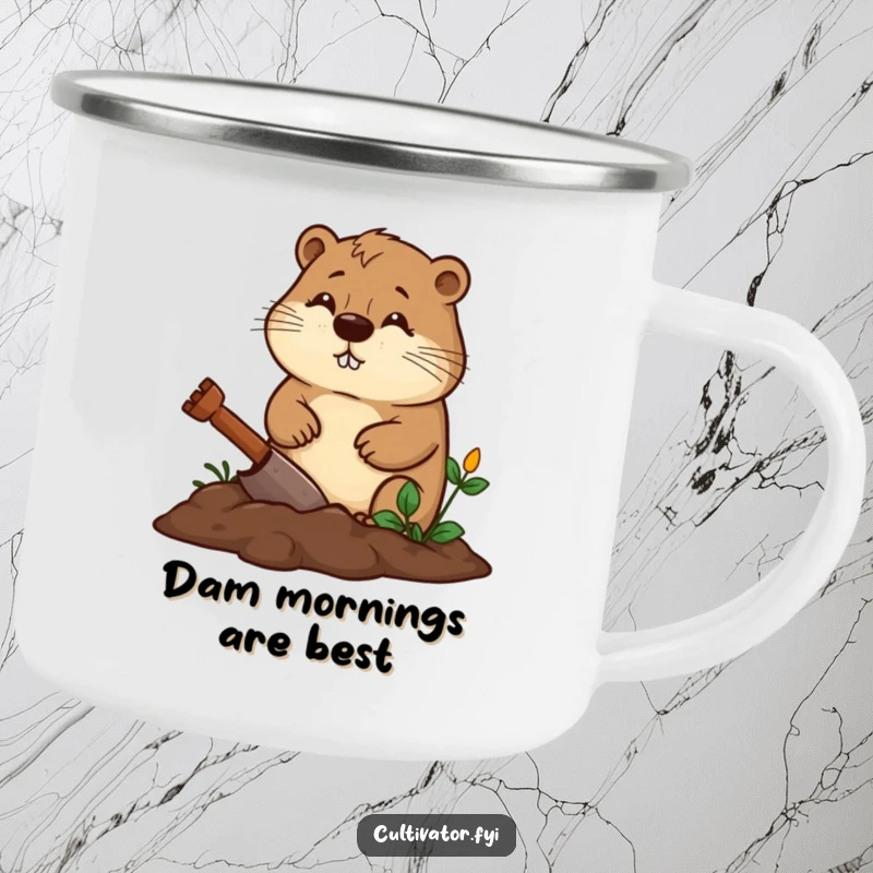 Funny beaver camping mug showing a diligent beaver digging a garden bed with a determined expression, a durable funny gift.