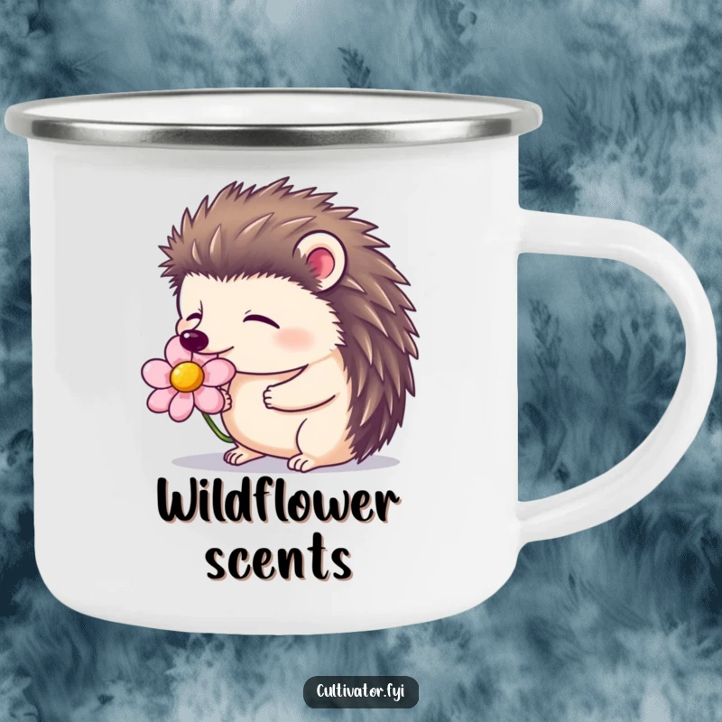 Funny camping mug with a contented hedgehog with closed eyes, smelling a blooming flower, perfect for outdoor peace.