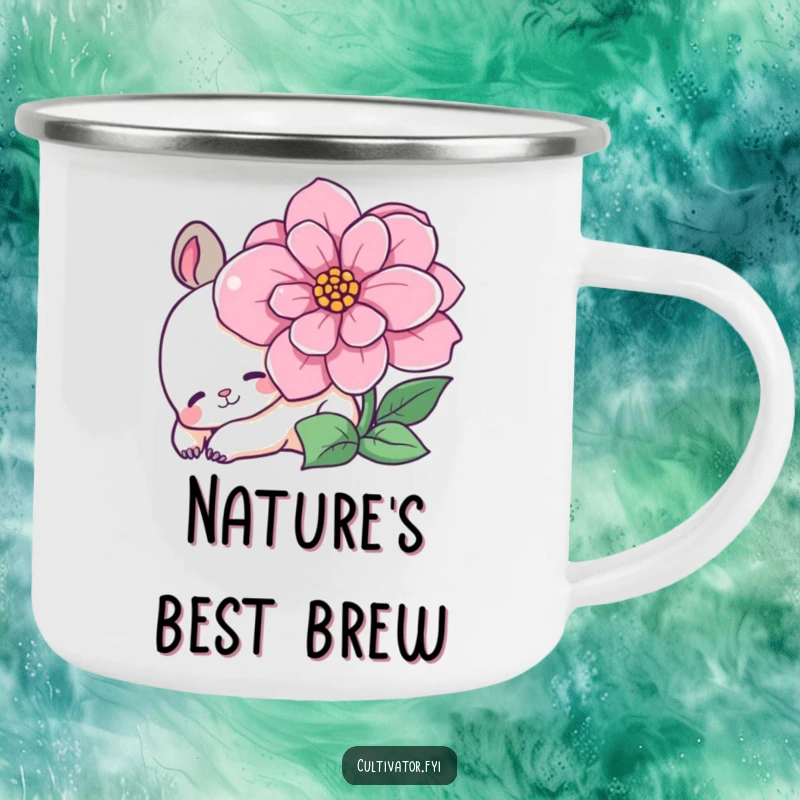 Funny camping mug with a content animal character near a blooming flower, ready for outdoor adventures and humorous conversations.