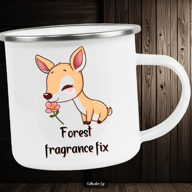 Funny deer camping mug, a deer sniffing a flower in the wild, durable enamel mug, humorous outdoor gear, perfect funny gift.