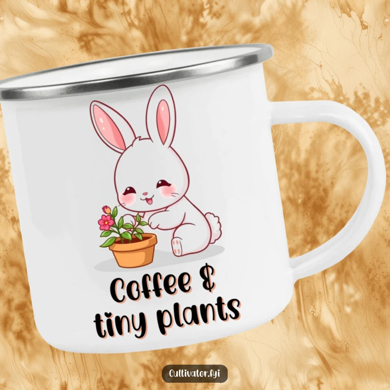 Funny enamel camping mug with a smiling bunny character happily tending a small, vibrant potted plant, perfect for outdoor use.