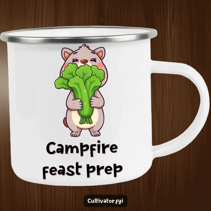 Funny Camping Mug showing an animal character proudly holding a freshly picked vegetable, designed for outdoor enthusiasts and food lovers.