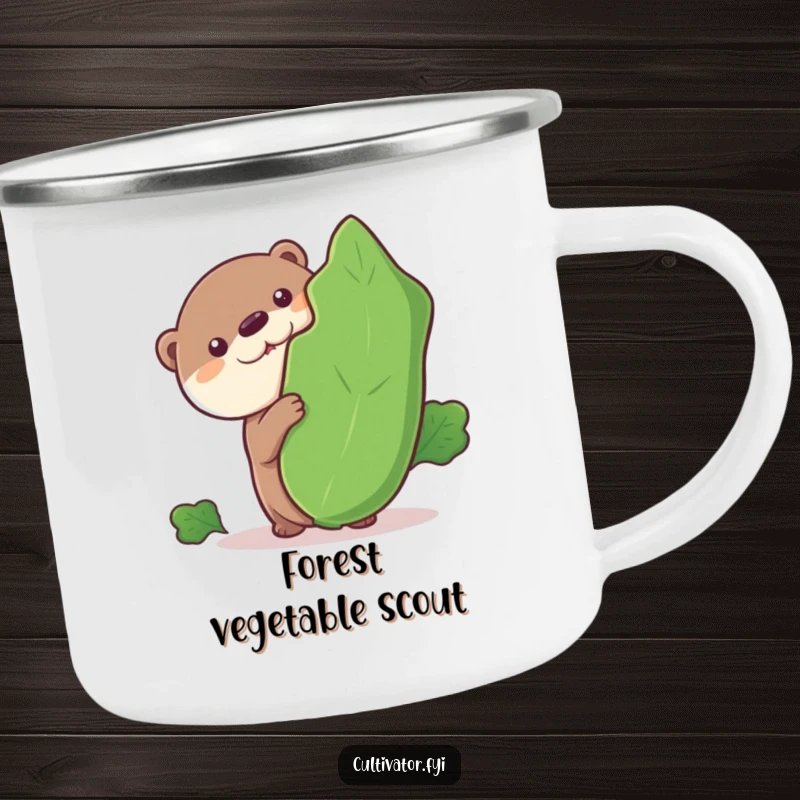 Funny camping mug, curious otter peeking from behind a vegetable, enamel mug for outdoors, humorous adventure accessory.
