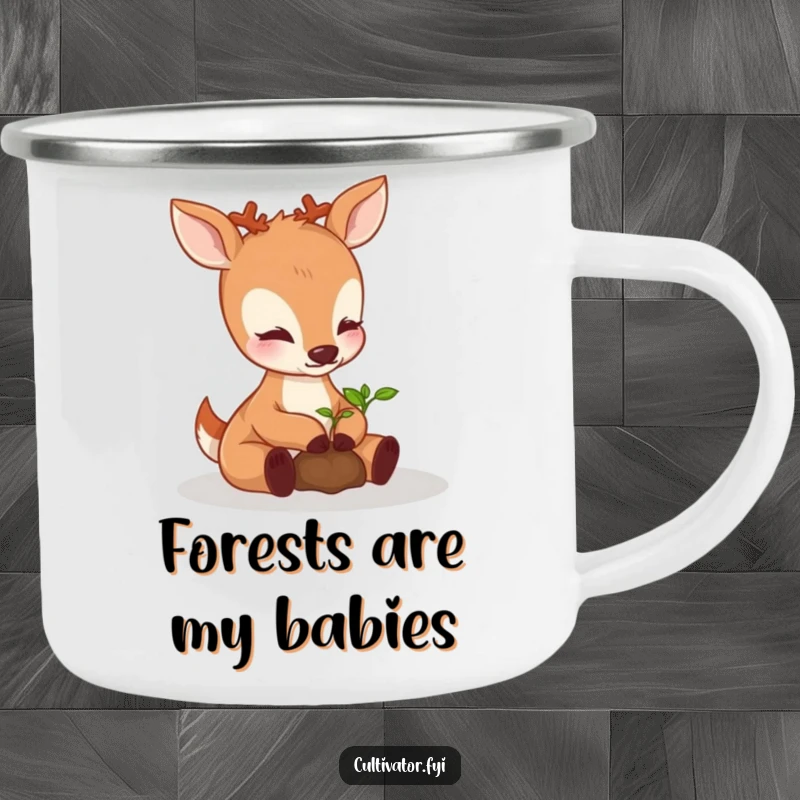 Funny perky deer camping mug, gently nurturing a sprouting seedling with its paws, durable and humorous for outdoor escapades.