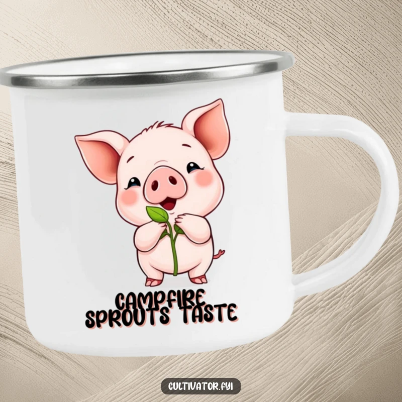 Funny camping mug with a proud piglet holding a tiny green sprout, bringing garden cheer to outdoor adventures.