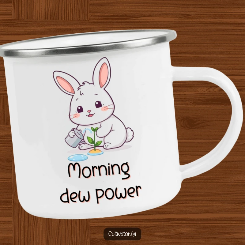 Funny camping mug, happy rabbit watering a tiny sprout with a cheerful expression, durable and cheerful.