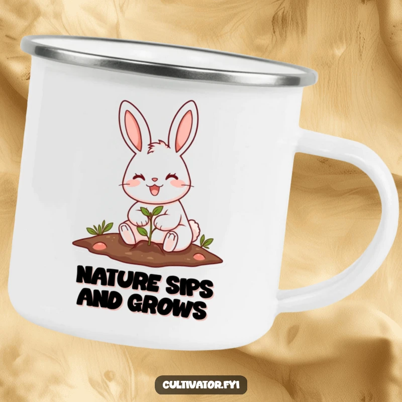 Funny cheerful rabbit planting a tiny seed with a big smile camping mug, ready for outdoor adventures.