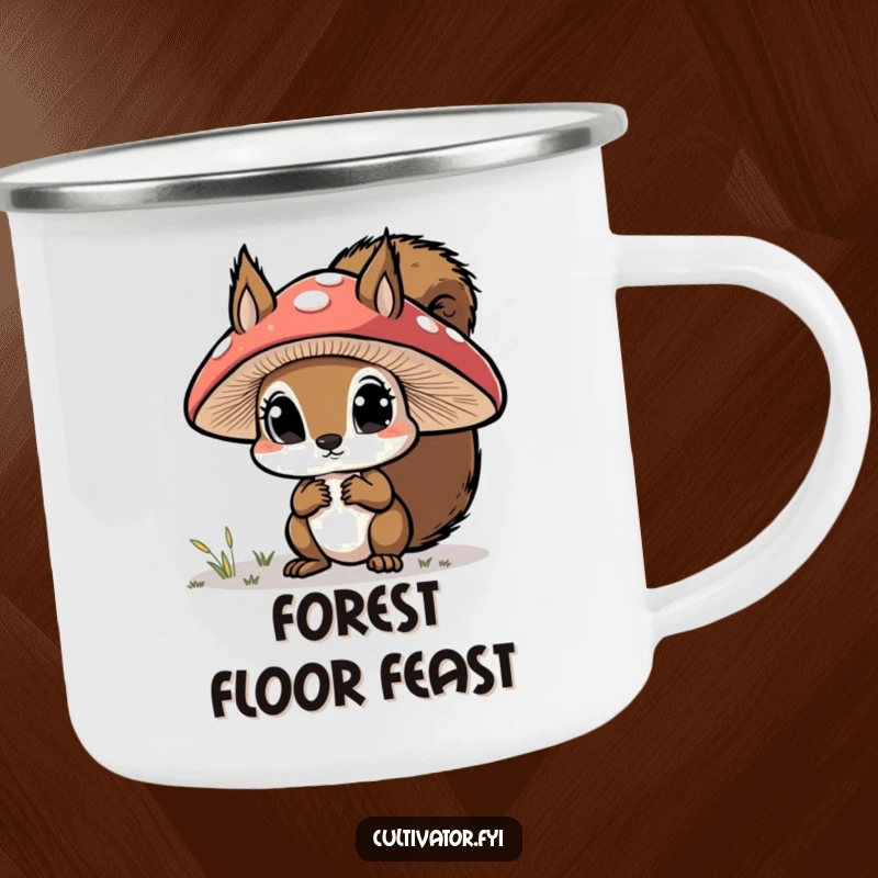 Funny camping mug, curious squirrel examining a large mushroom cap with wide eyes, durable and whimsical.