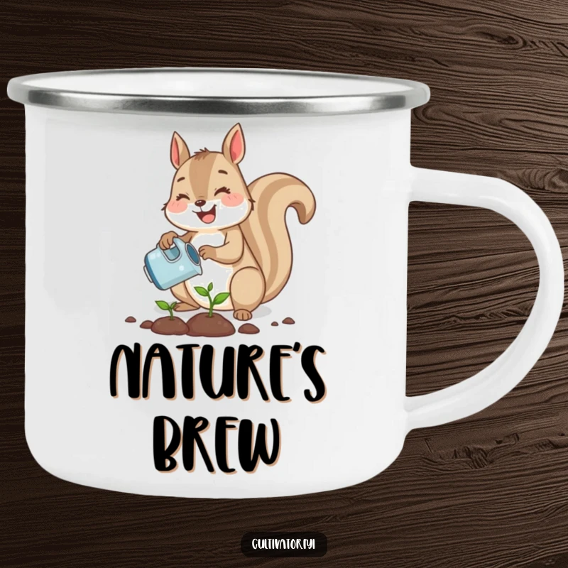 Funny cute squirrel planting a tiny seed with a watering can, a durable camping mug design for outdoor enjoyment.