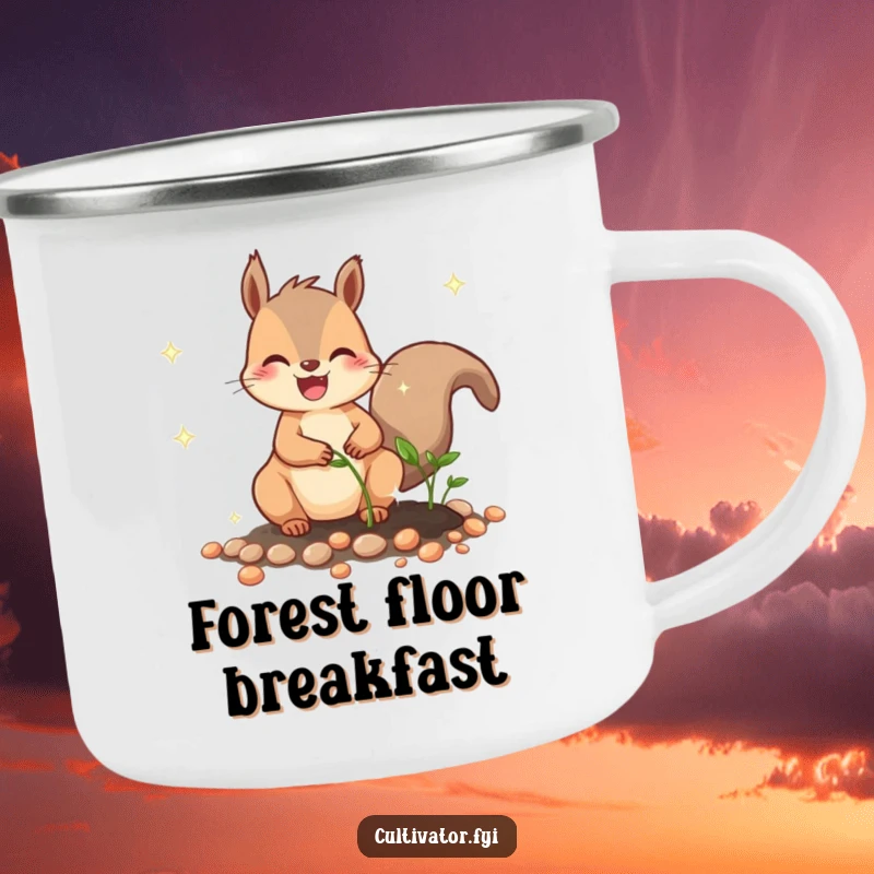 Funny camping mug featuring a joyful squirrel character humorously planting sparkling seeds, ready for outdoor, funny adventures.