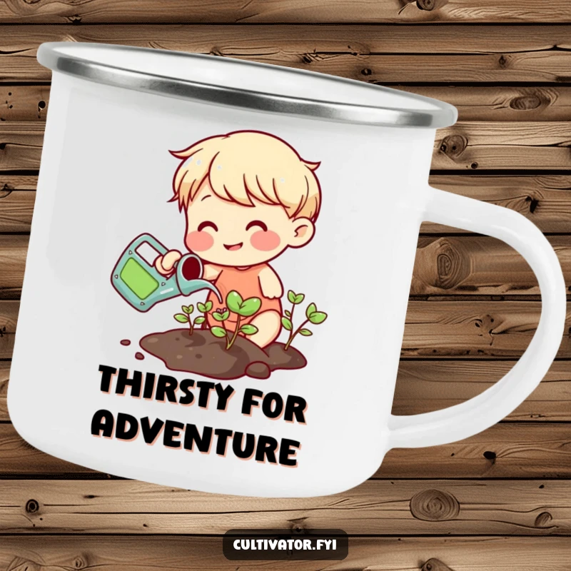 Funny smiling character watering sprouts with a small colorful watering can camping mug, ready for outdoor hydration.