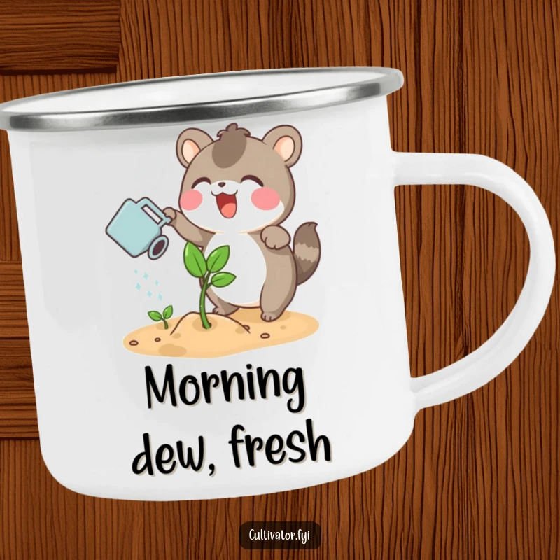 Funny camping mug featuring an excited animal character watering a sprouting plant with a small watering can, for outdoor plant care.