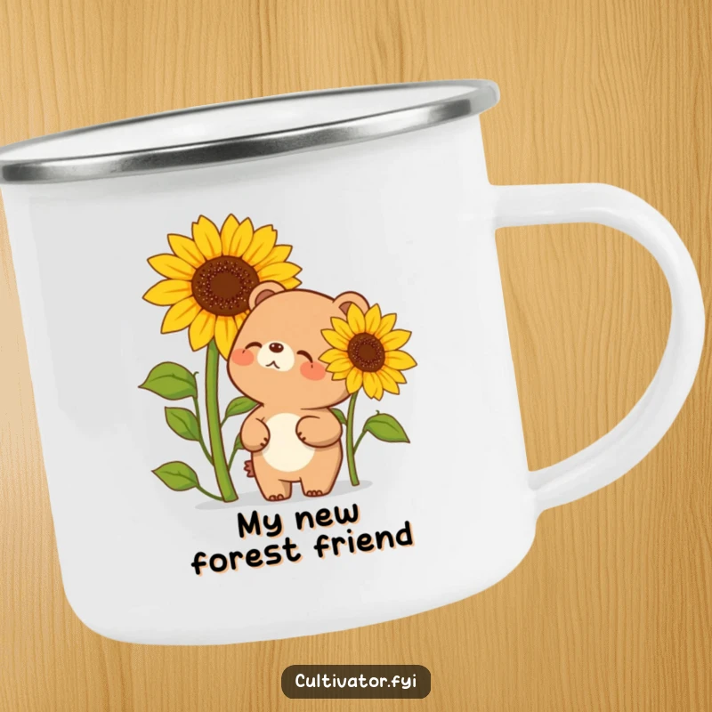 Funny camping mug displaying a happy bear character giggling enthusiously beside a sunflower that towers over it, perfect for outdoor enthusiasts.