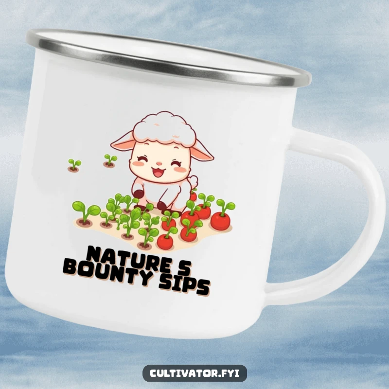 Funny happy sheep joyfully tending rows of tiny vegetables camping mug, ready for outdoor garden exploration.