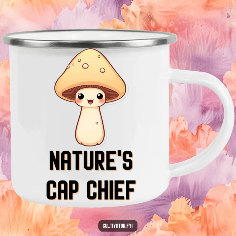 Funny proud mushroom camping mug with a mushroom proudly displaying its cap, embodying outdoor fun and a humorous fungi spirit for adventures.