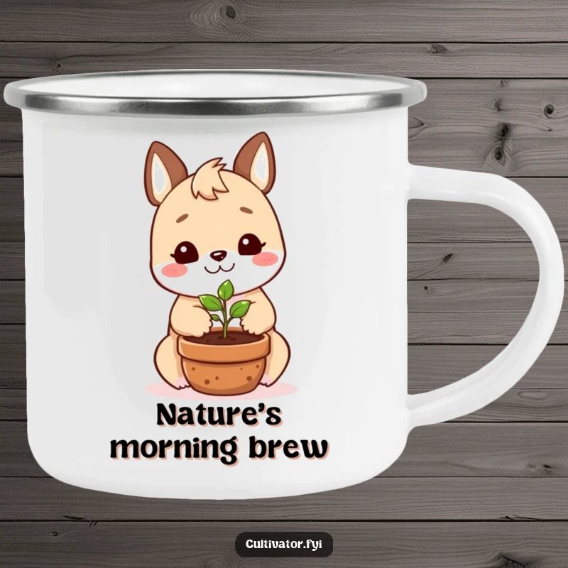 Funny camping mug featuring a smiling animal character happily planting a tiny seedling in a pot, for outdoor gardening.