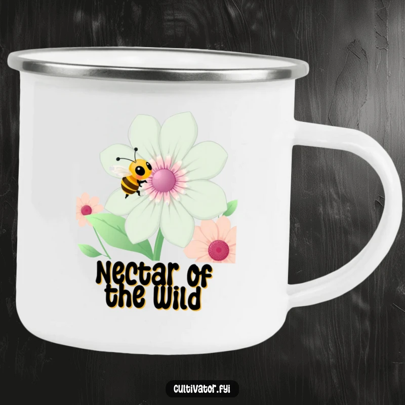 Funny bee camping mug, a bee buzzing around a flower, durable enamel mug, humorous outdoor gear, perfect funny gift.