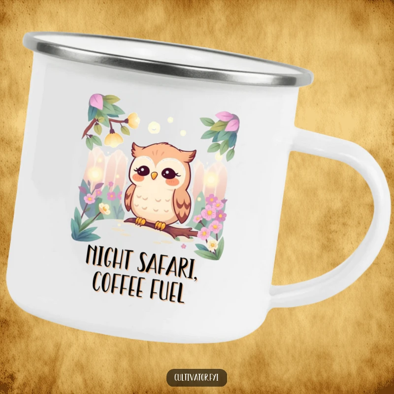 Funny camping mug showing a serene owl observing luminous fireflies in a garden setting, designed for durable outdoor use and enjoyment.