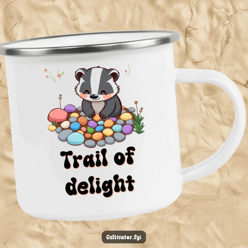 Funny Camping Mug: A smiling badger carefully arranges colorful pebbles for a garden path, perfect for enjoying drinks outdoors.