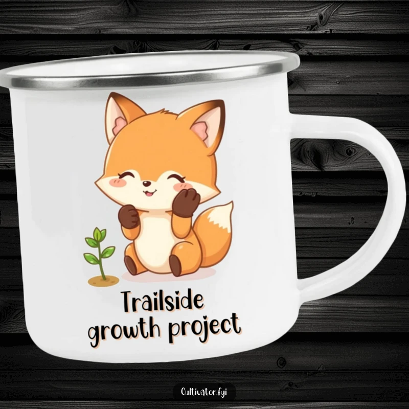 Funny Fox Camping Mug: Happy fox with gloves gently tending a small sprout, great for outdoors.
