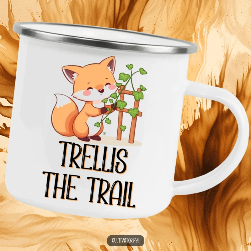 Funny whimsical fox camping mug, happily guiding a vine up a small trellis, durable and humorous for outdoor adventures.