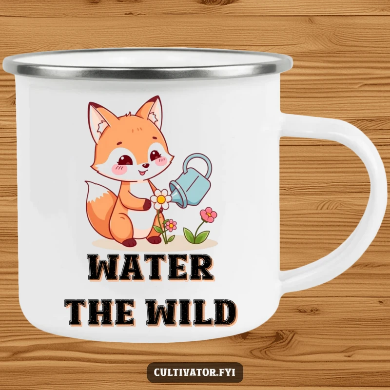 Funny camping mug with a happy fox character watering a tiny blooming flower, perfect for outdoor adventures.