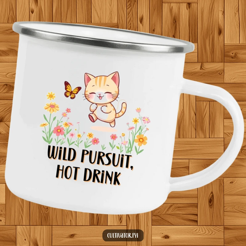 Funny camping mug showing a lively cat playfully chasing a butterfly through a beautiful field of flowers, designed for rugged outdoor use.