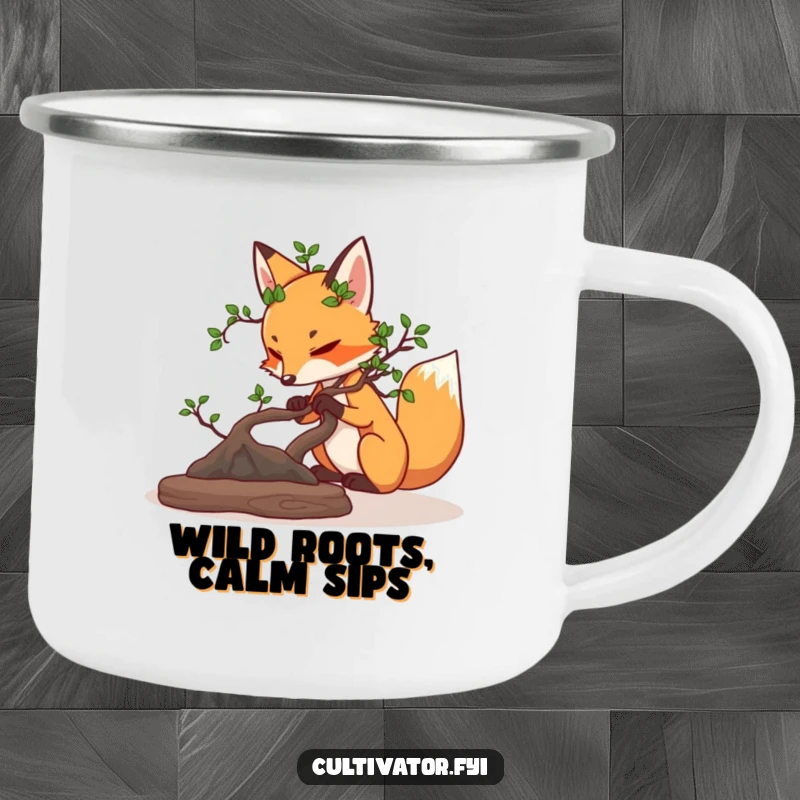 Funny determined fox carefully pruning a miniature bonsai tree camping mug, ready for tranquil outdoor moments.
