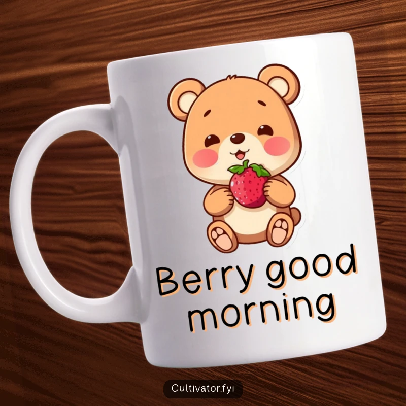 Funny mug showing a playful bear character proudly presenting a single, perfect berry, symbolizing accomplishment and joy.