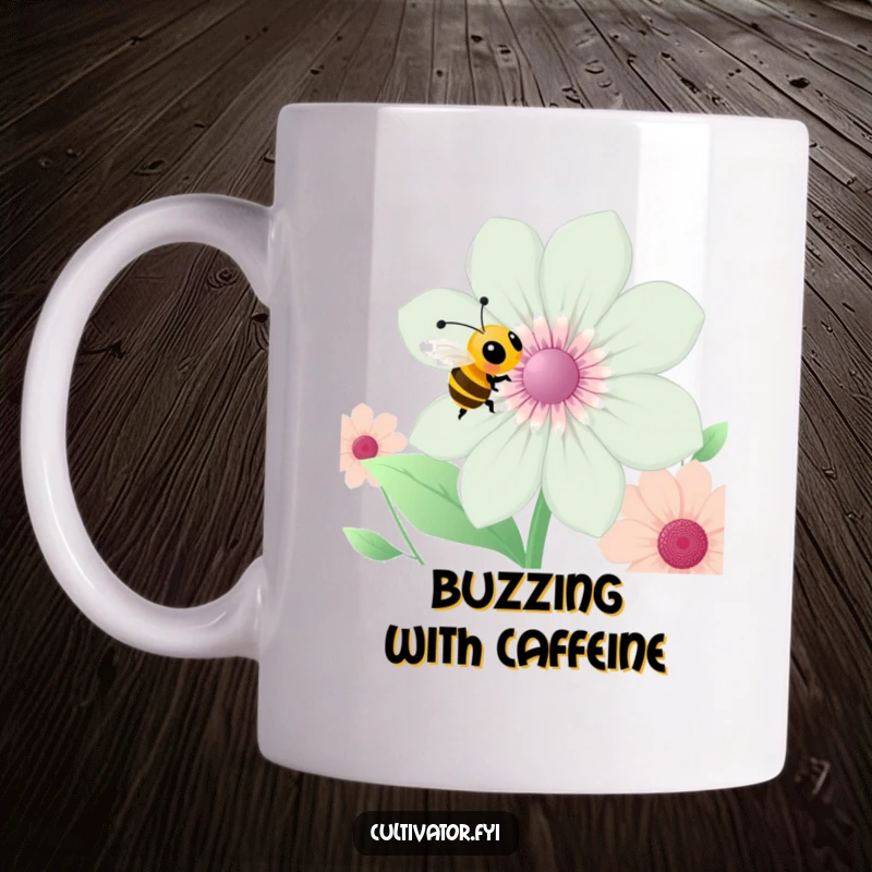 Funny bee mug, a happy bee buzzing around a large flower, vibrant garden scene, humorous insect art, ideal funny gift.