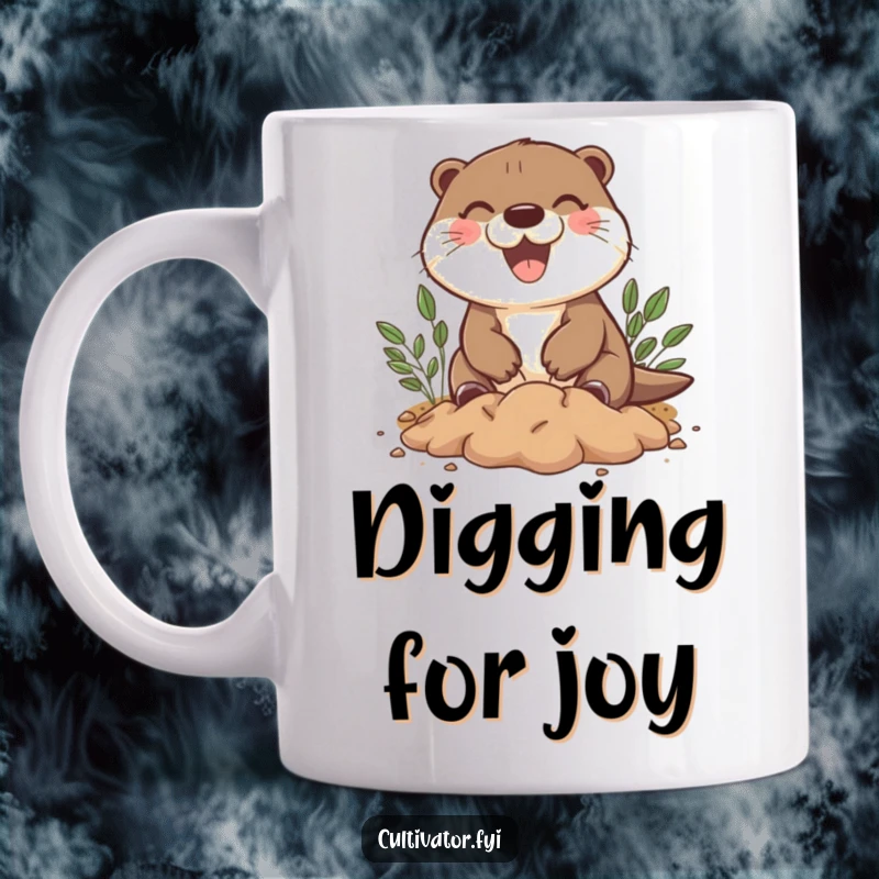 Funny mug showcasing a happy otter character joyfully digging in a small patch of soil, radiating pure delight.