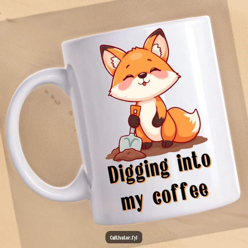 Funny fox holding a small shovel and digging with delight, depicted on a mug, a humorous gift for diggers.