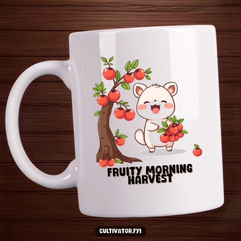 Funny Mug depicting a happy animal character joyfully harvesting ripe, colorful fruits from a charming miniature tree, a scene of pure delight.