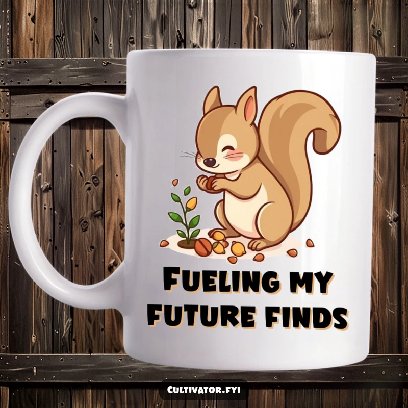 Funny mug showing a mischievous squirrel scattering a pile of nuts near a small, unsuspecting plant, full of chaotic energy.