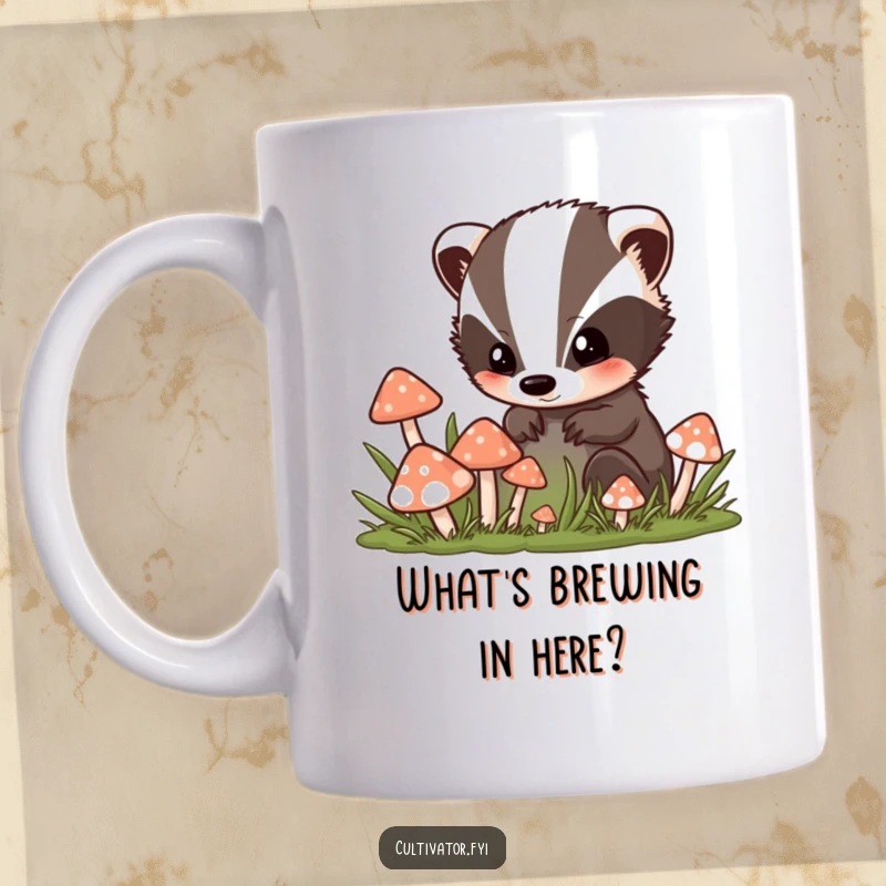 Funny mug with a curious badger character peeking with intrigue into a patch filled with colorful, whimsical mushrooms in a forest setting.