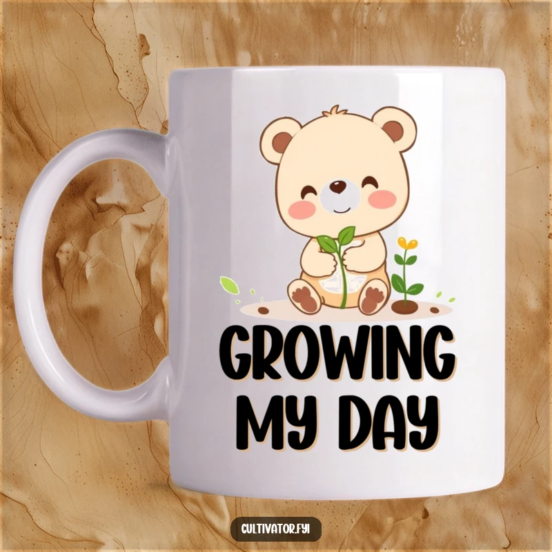 Funny mug featuring a cheerful bear cub character gently guiding a tiny sprout upwards, embodying funny encouragement and growth.