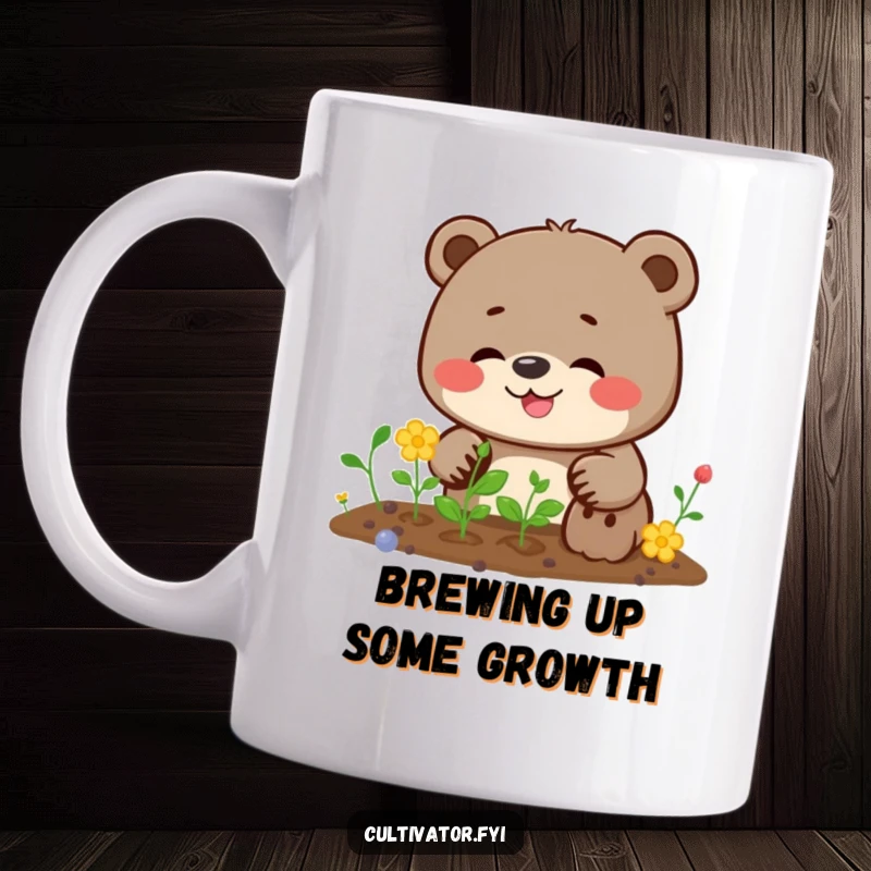 Funny bear mug showing a happy bear giggling while determinedly planting seeds, embodying a joyful gardening spirit.