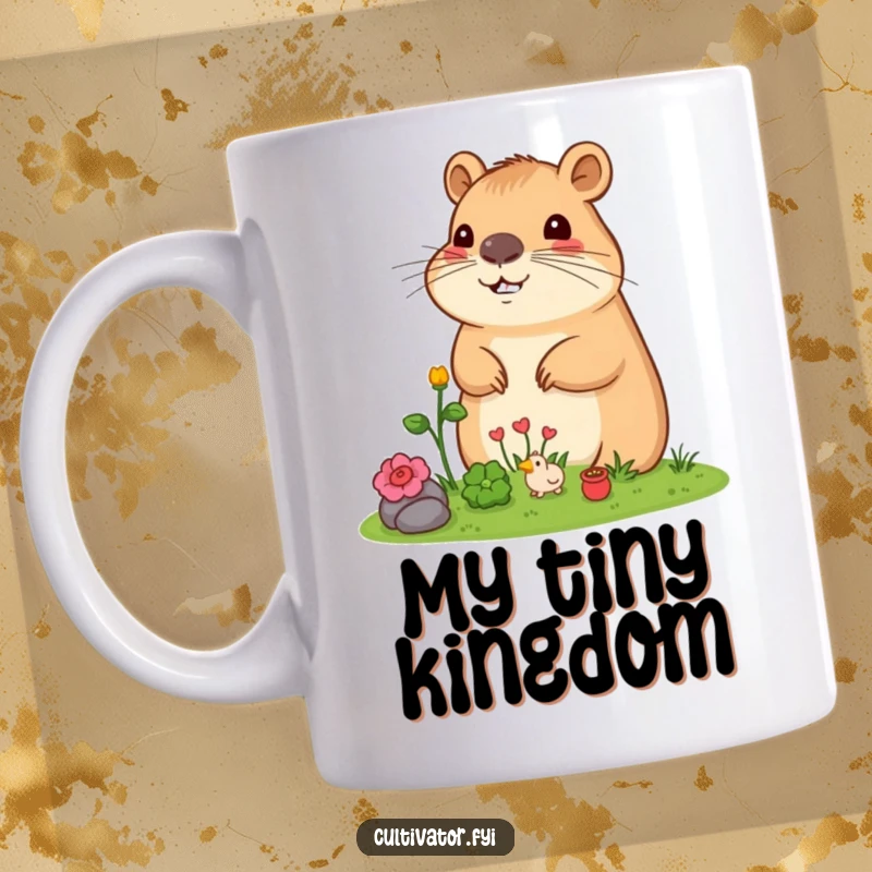 Funny Capybara Mug: Relaxed capybara surveying miniature garden with pure joy, ideal for nature lovers.