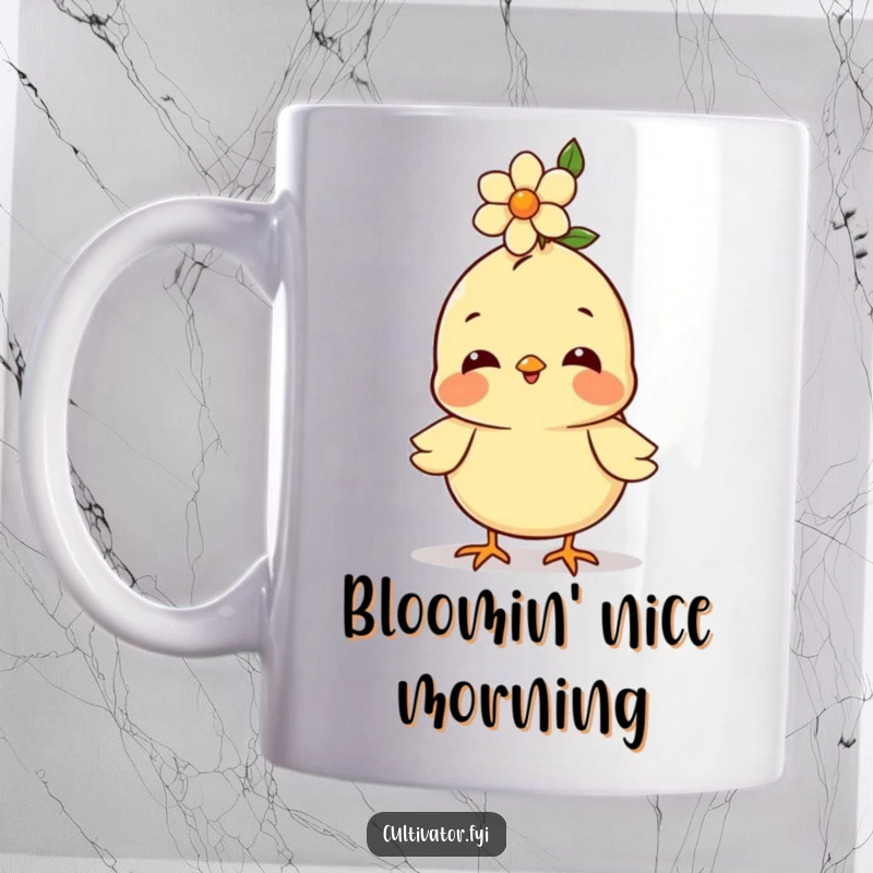 Funny mug, happy chick character balancing a small flower on its head, cheerful illustration, cute and positive design.