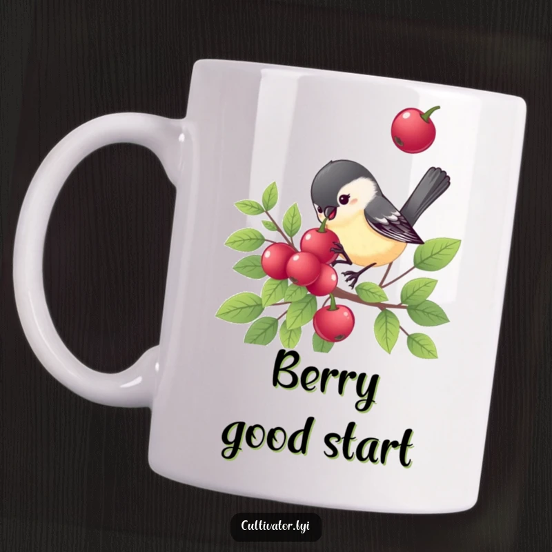 Funny chickadee mug, a happy chickadee bird eating a berry, cheerful nature scene, ideal funny gift for bird watchers.