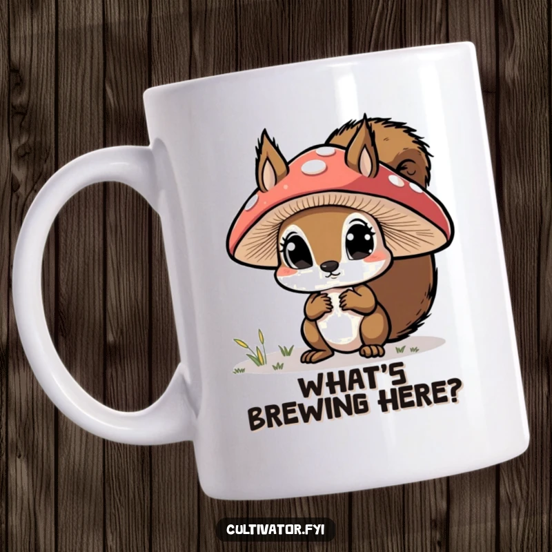 Funny mug, curious squirrel examining a large mushroom cap with wide eyes, whimsical forest gift.