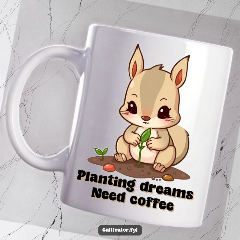 Funny mug with a determined squirrel character meticulously planting a seed using its tiny paws with great care.