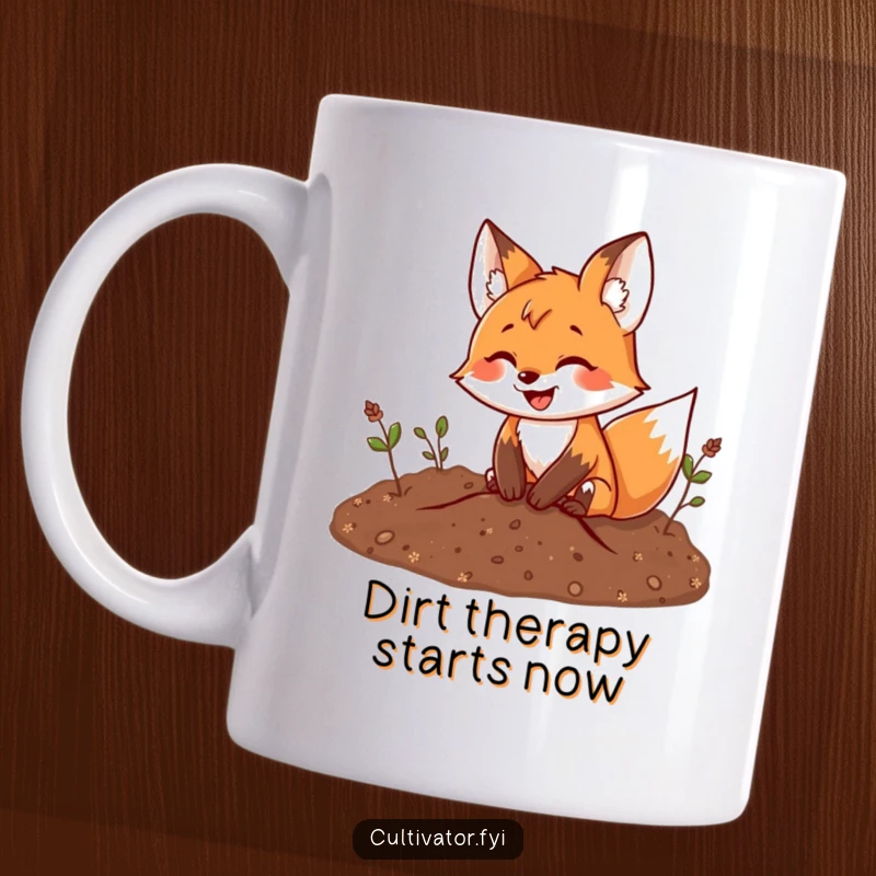 Funny fox mug showing a playful fox happily digging in rich soil with a wide, joyful smile, ready for gardening adventures.
