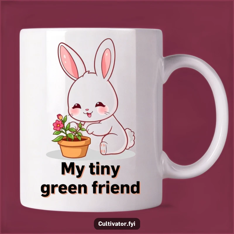 Funny Gardening Bunny Mug: Happy Character Tending Small Plant