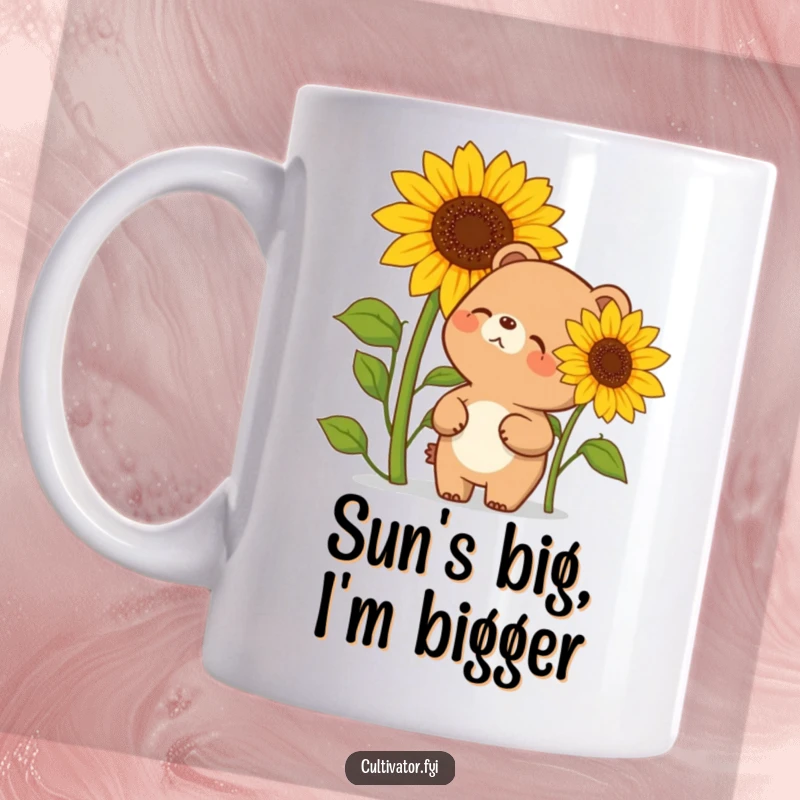 Funny mug with a happy cartoon bear giggling uncontrollably while looking up at a giant, bright yellow sunflower. Nature's humor.