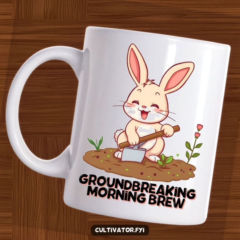 Funny bunny mug, enthusiastically tilling a small garden patch with a trowel, showcasing a love for digging and planting.