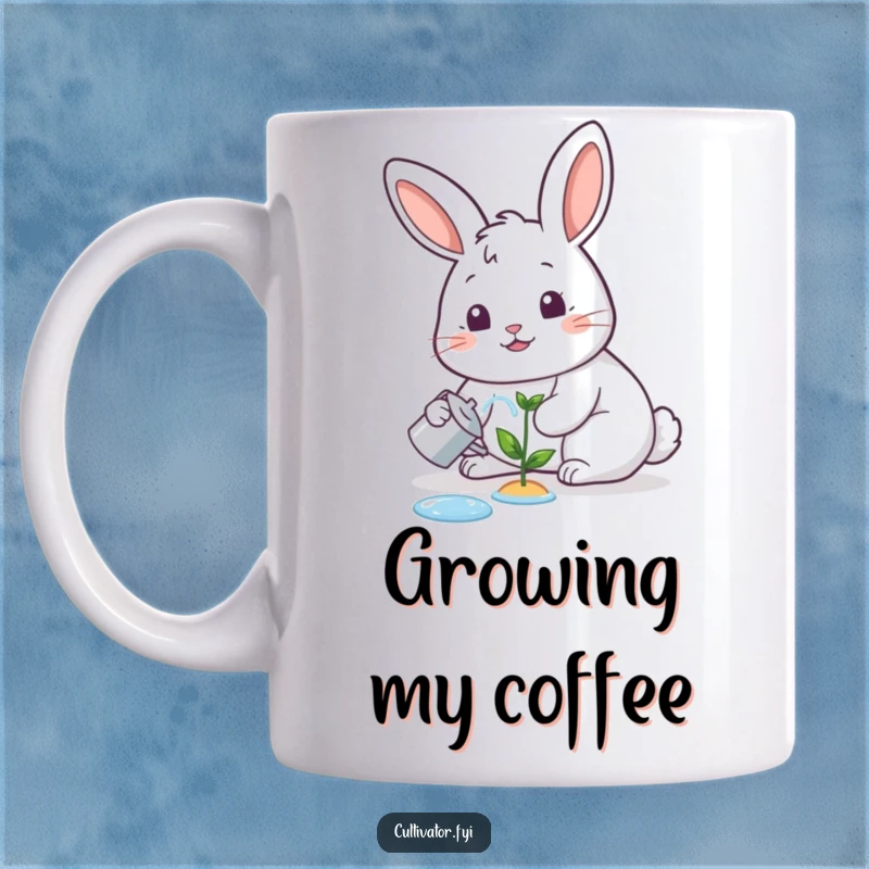 Funny mug, happy rabbit watering a tiny sprout with a cheerful expression, adorable garden gift.