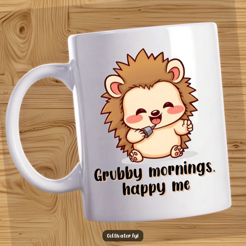 Funny mug featuring a delighted hedgehog character energetically digging in rich soil, embodying a funny and dedicated gardener's passion.