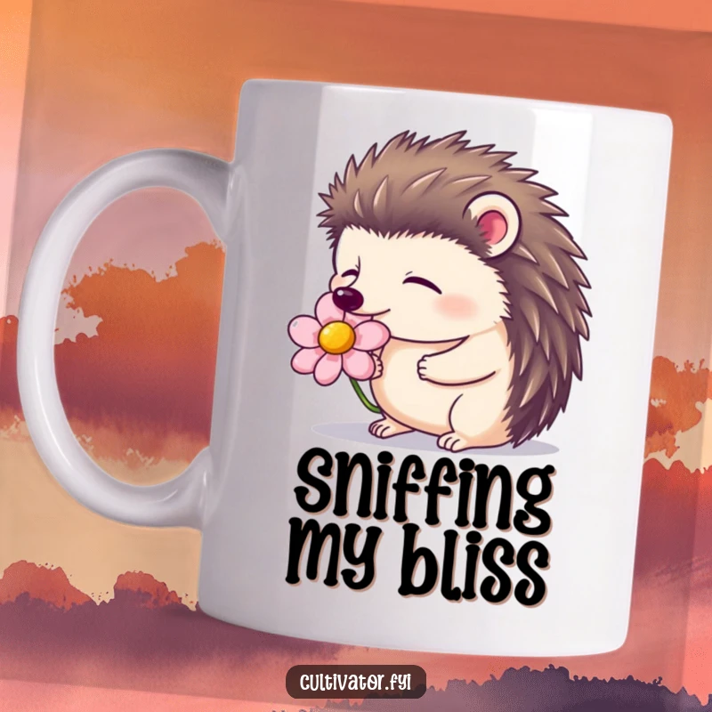 Funny mug featuring a contented hedgehog with closed eyes, peacefully smelling a blooming flower, exuding nature's calm.