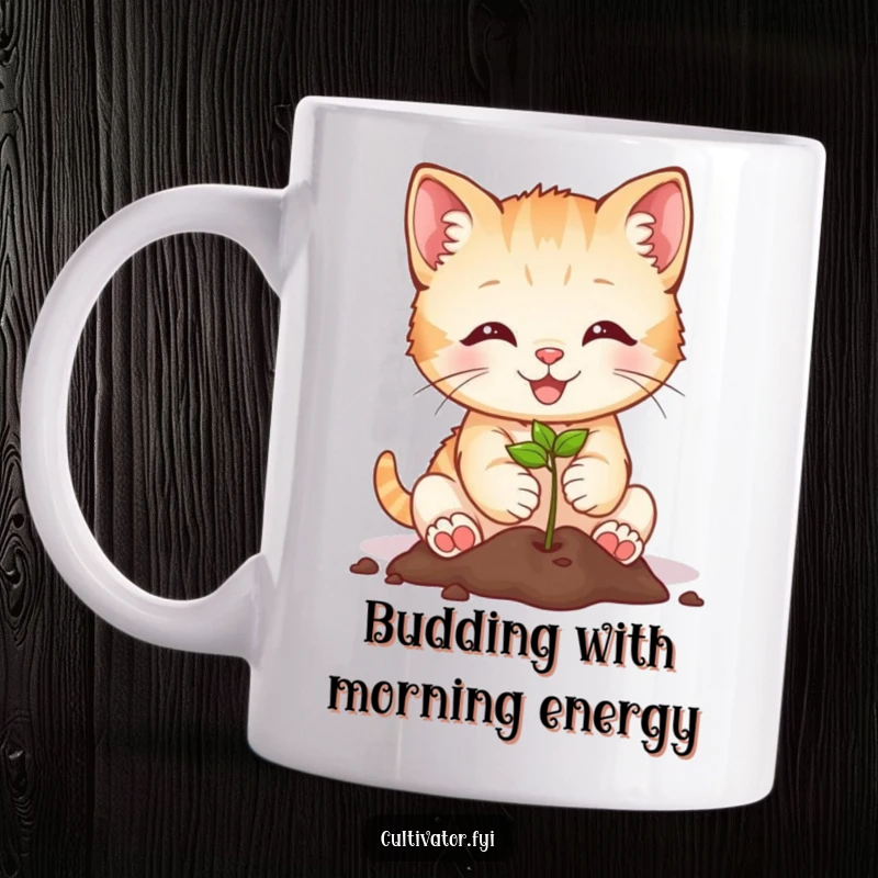 Funny kitten with a cheerful smile planting a tiny seed, depicted on a mug, a humorous gardener's gift.